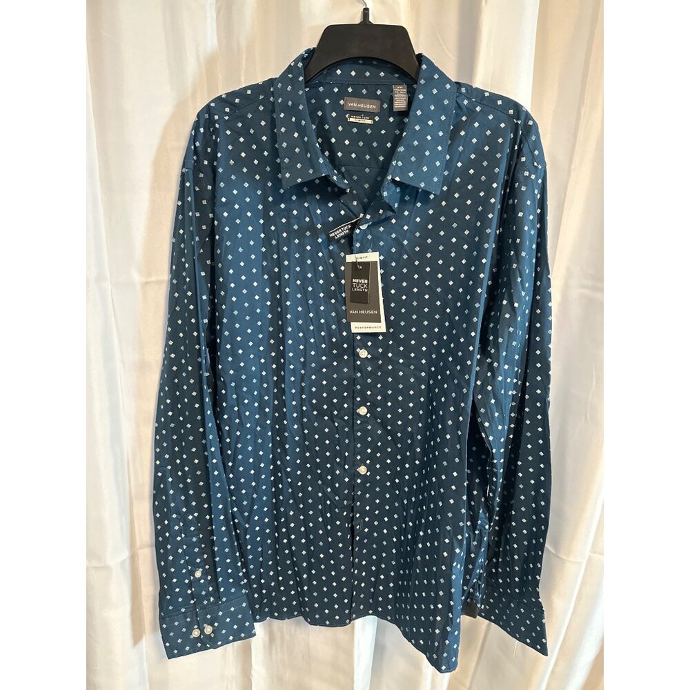 Van Heusen Men's Never Tuck Geo Print Slim Fit Shirt 2XL 18-18 Blue Cotton/Nylon